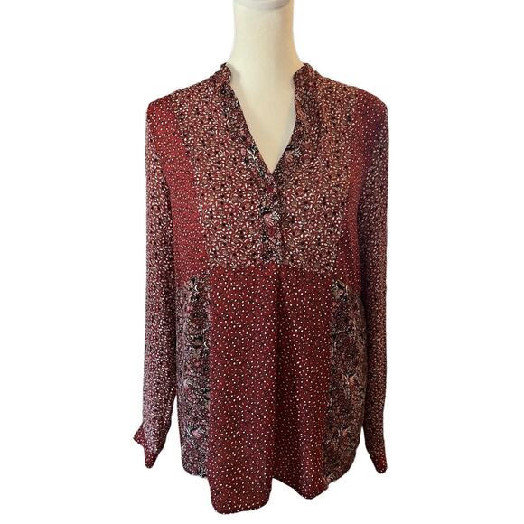 Zara Tops - Zara Womens Burgandy Button Up Mixed Floral Print Popover Top, Size Small